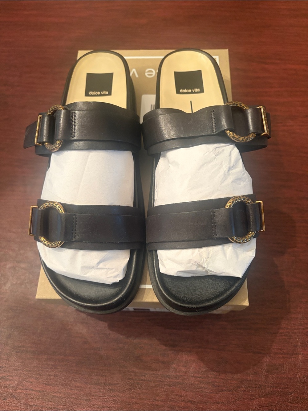 Dolce Vita Soya Black Leather Double-Buckle Slide Sandals with Gold Accents